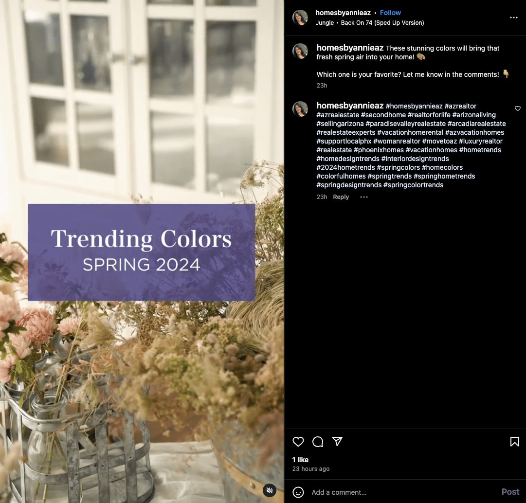 Screenshot of an Instagram carousel post featuring an image of flowers with text overlay that reads "Trending Colors Spring 2024"